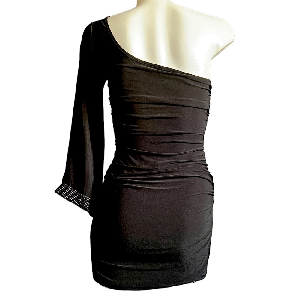 One Shoulder Long Sleeve Black Dress. Size Small - Picture 2 of 4